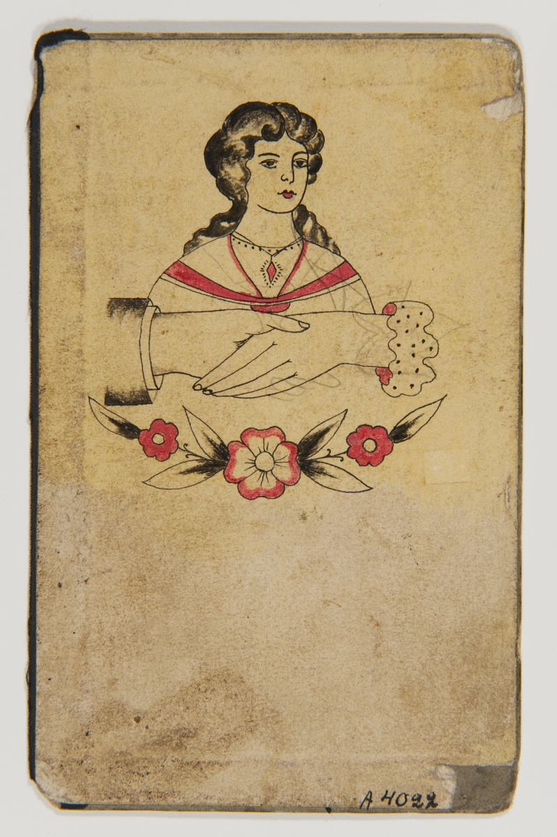 Tatueringsförlaga. Porträtt av en kvinna med en röd sten om halsen, därunder två händer hållande i varandra, underst en blomgirland.