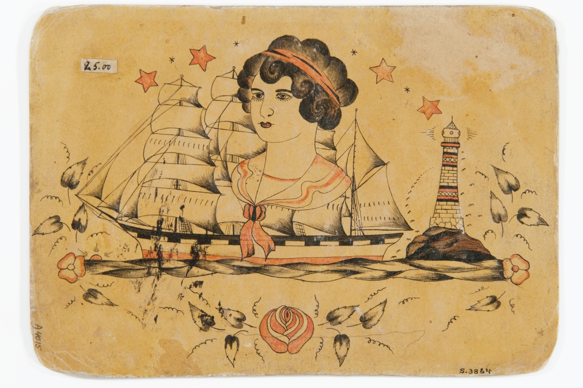 Tatueringsförlaga. I mitten porträtt av kvinna med rött hårband. Till vänster ett seglande skepp, till höger ett fyrtorn. Överst fyra stjärnor. Underst en blomstergirland.

"Komposition som brukar kallas "Homeward bound". Ofta finns tre element: ett skepp, ett ankare och en kvinna. Ibland kompletteras motivet med en fyr. Ovanligt att fartyget avbildas i siluett, vanligen stävar skeppet framåt mot betraktaren. Skeppet avbildas ofta med stark vind i segeln mot den väntande fästmön, en av de kvinnoarketyper som förekommer."

Text från appen "Tatuera dig med Sjöhistoriska" som gjordes i samband med utställningen Tro, hopp och kärlek 2012.