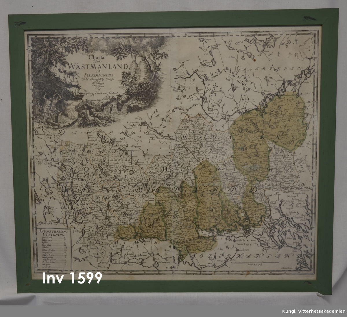 Tavla, Karta " Carta öfver Wästmanland och Fiärdhundra."  
 Graverad karta från 1750, c:a Signarad av George Biurman. Inskrivet inom kartuschen  påtalas privilegiet att utgiva kartan vid Kongl lantmäteri contoiret. Kartan glasad,  inramad och monterad med en enkel grönlackerad ram, utan profilering. Kartan är försedd med kartsymboler. Delar av kartan är kolorerad.