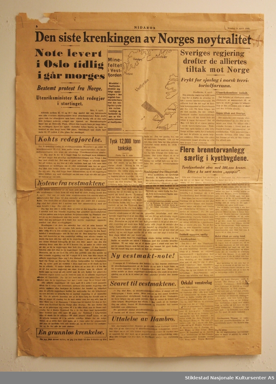 Deler av avisen Nidaros Berlinerformat. Utgitt under krigsutbruddet, 9.april 1940. Illustrert med bilder.