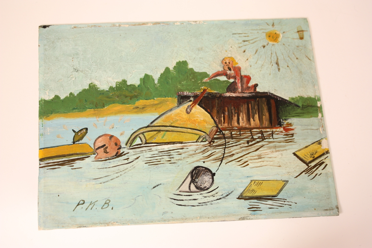 Motivet viser ein sommardag, teikneseriefiguren Finbeck har køyrt i brygga med båten, Fia ligg på kne på brygga og skrik.
Biletet har truleg hatt råme, sjå SUM.11279.