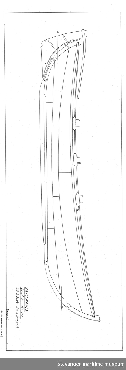 Oppmålingstegning av bruksbåt på folie, tegnet med penn. Profil. 1:10.