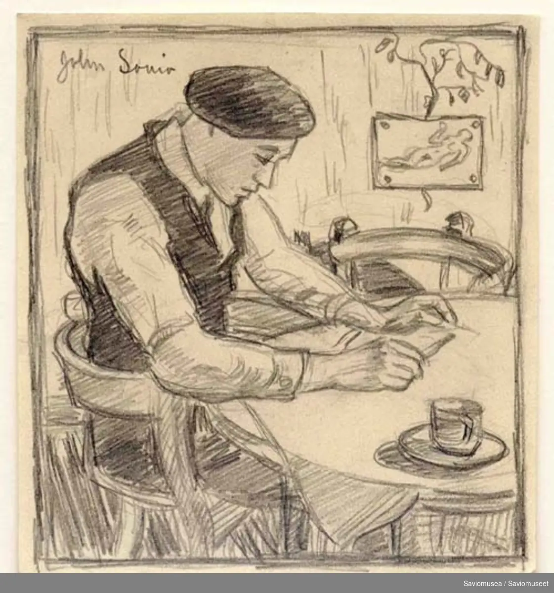 En mann kledd i skjorte, vest og alpelue sitter ved et bord og leser et brev.
