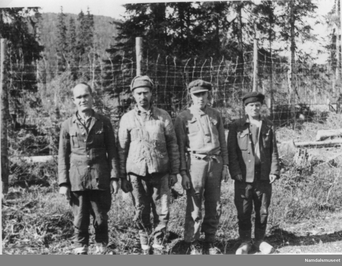 Lassemoen, Namsskogan, mai 1945. Russerleiren ved Lassemoen, 4 russiske krigsfanger.