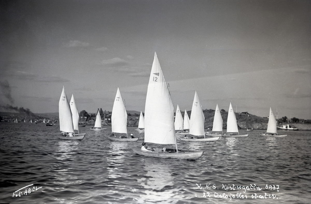 Seilbåter i regatta. Oslojoller under K.N.S. høstregatta 1937