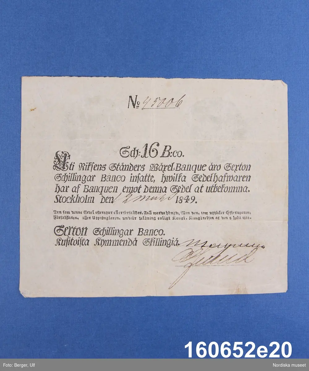 Riksens Ständers bank, 16 schillingar banco. Daterad Stockholm 12 mars(?) 1849, nr 45006.