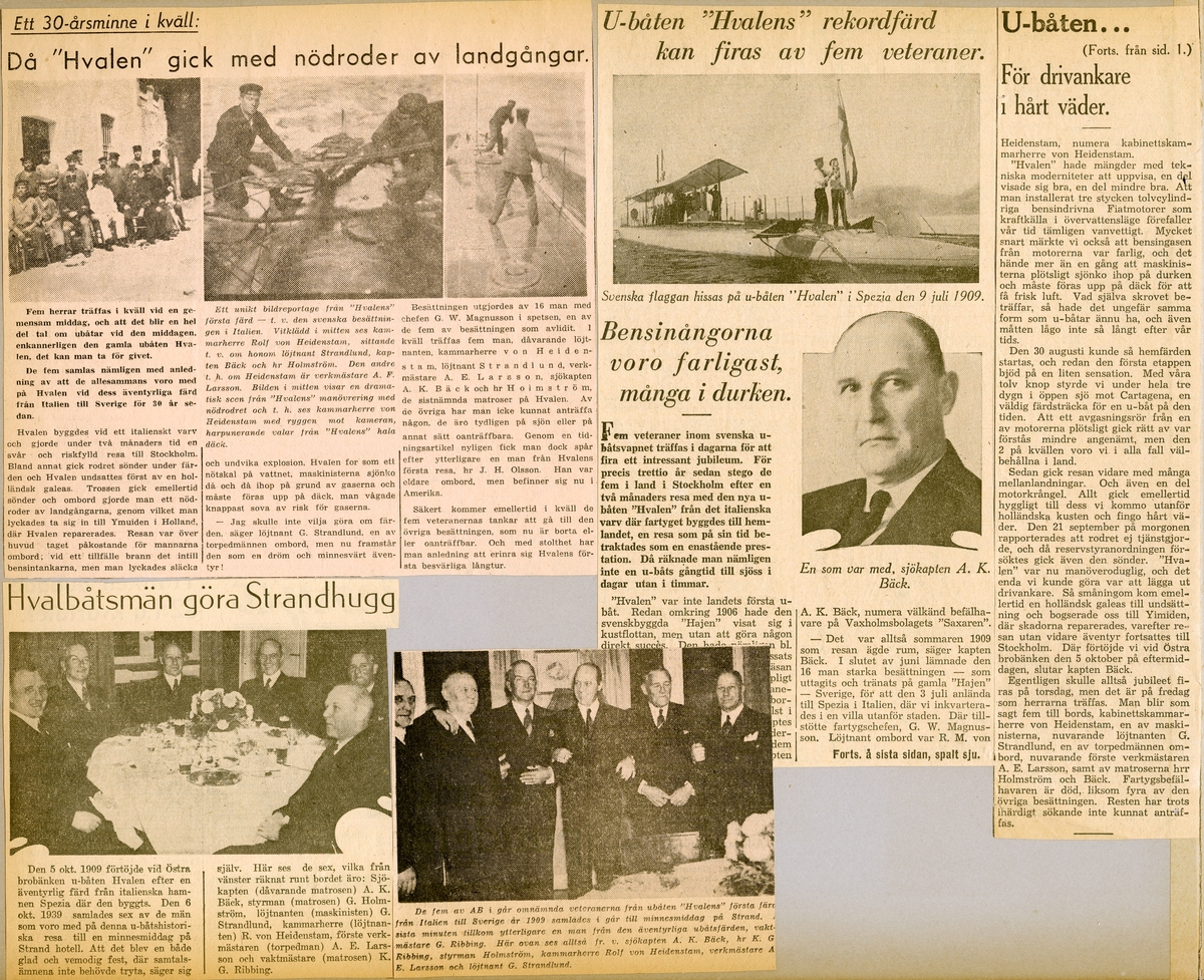 Tidningsurklipp om ubåten HVALENs hemfärd till Sverige från Italien.