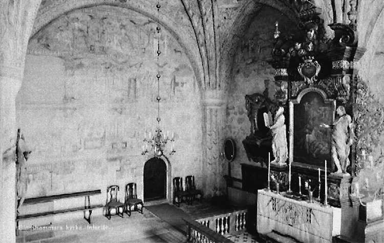 Glanshammars kyrka, interiör, altar och väggmålning.
Bilden tagen för vykort.
Förlag: Alvar Liljedahl.