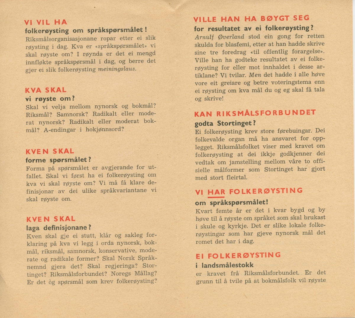 Flygeblad for målrørsla som argumenterer for kvifor det er meiningslaust å ha ei nasjonal folkerøysting i språkspørsmålet i Noreg.