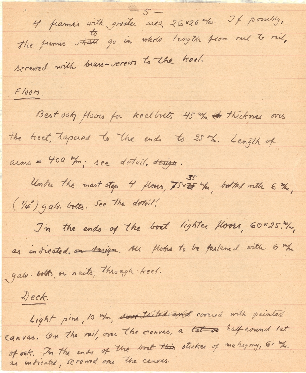 Flertal dokument: Utrustningslista, arbetsbeskrivning samt specifikation för båten (på engelska).

EJDERN, 15 kvm pojkbåt ritad av Erik Salander 1926.