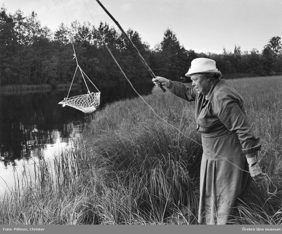 Håvfiske, kräftfiske med håv, en kvinna.
Bilden är tagen i Nora 1971. Publicerad den 7 augusti 1971 och den 5 augusti 1993.