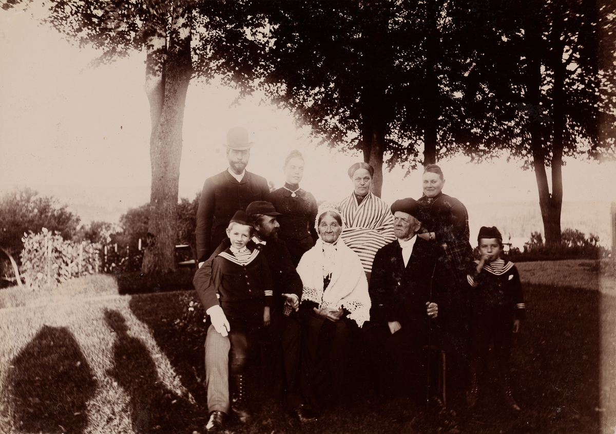 Gruppebilde fra Thorsø med fire kvinner, tre menn og to barn. Øverst til venstre Kai Möller, tredje fra venstre øverst Dikka Möller.