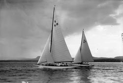 Seilbåter i regatta. 'Flaks' (6 N 19) og 'Oslo' (6 N 17) i K