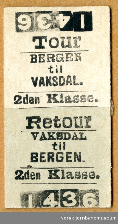 Tur/returbillett Bergen-Vaksdal, 2den Klasse, ubrukt