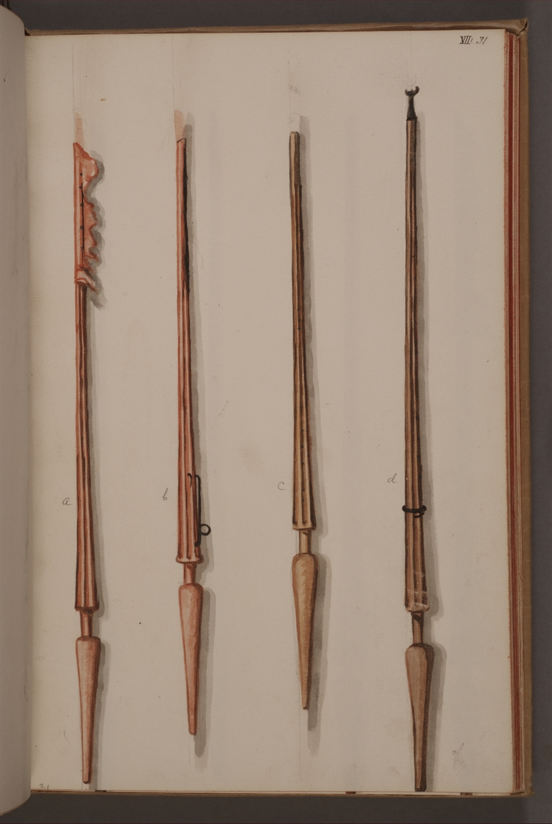 Avbildning i gouache föreställande standarstänger tagna som troféer av svenska armén. Ingen av stängerna finns bevarade i Armémuseums samling.
