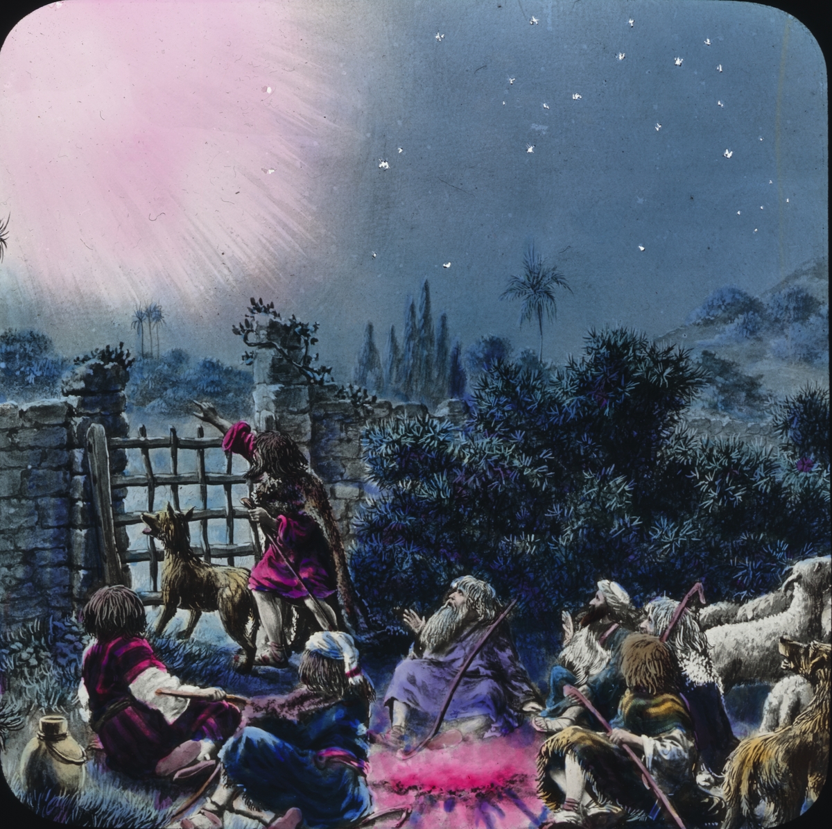 Kolorerad skioptikonbild med religiöst tema. Herdarna siktar Betlehems stjärna.