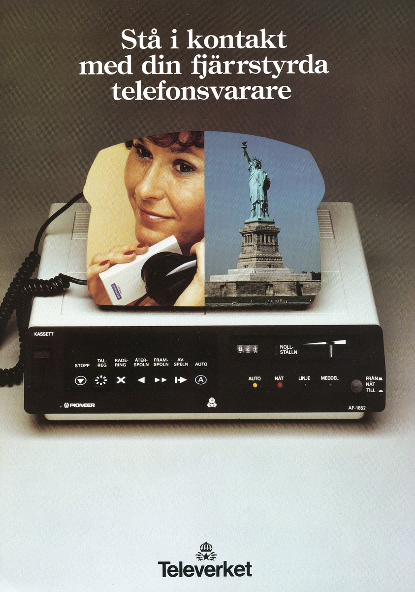 Reklamblad från Televerket 1983, för den fjärrstyrda telefonsvararen Pioneer.