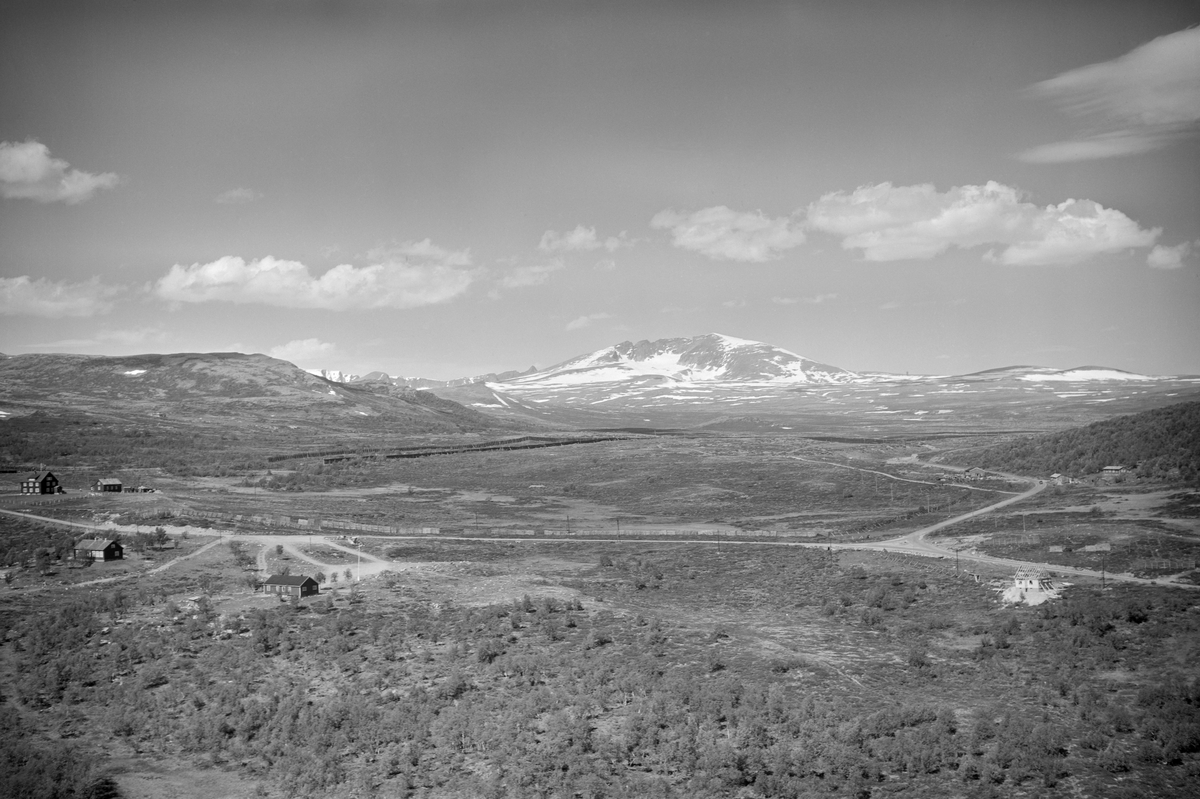 Hjerkinn, Dovre, 08.07.1952, hytter, veier, blandingsskog, snødekte fjell i bakgrunnen