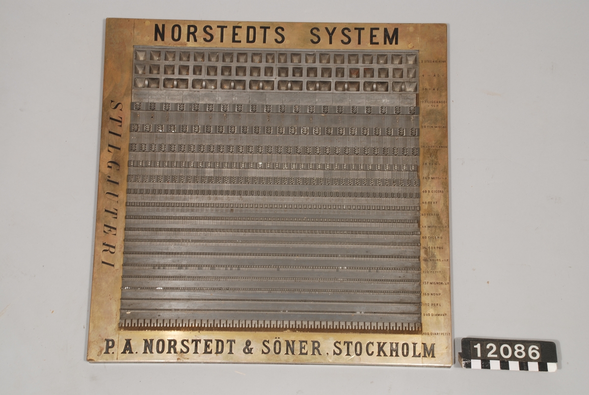 Ram av mässsing med stil och materiel, visade det inbördes förhållandet mellan käglorna (storleksgraderna) hos "Norstedts system".