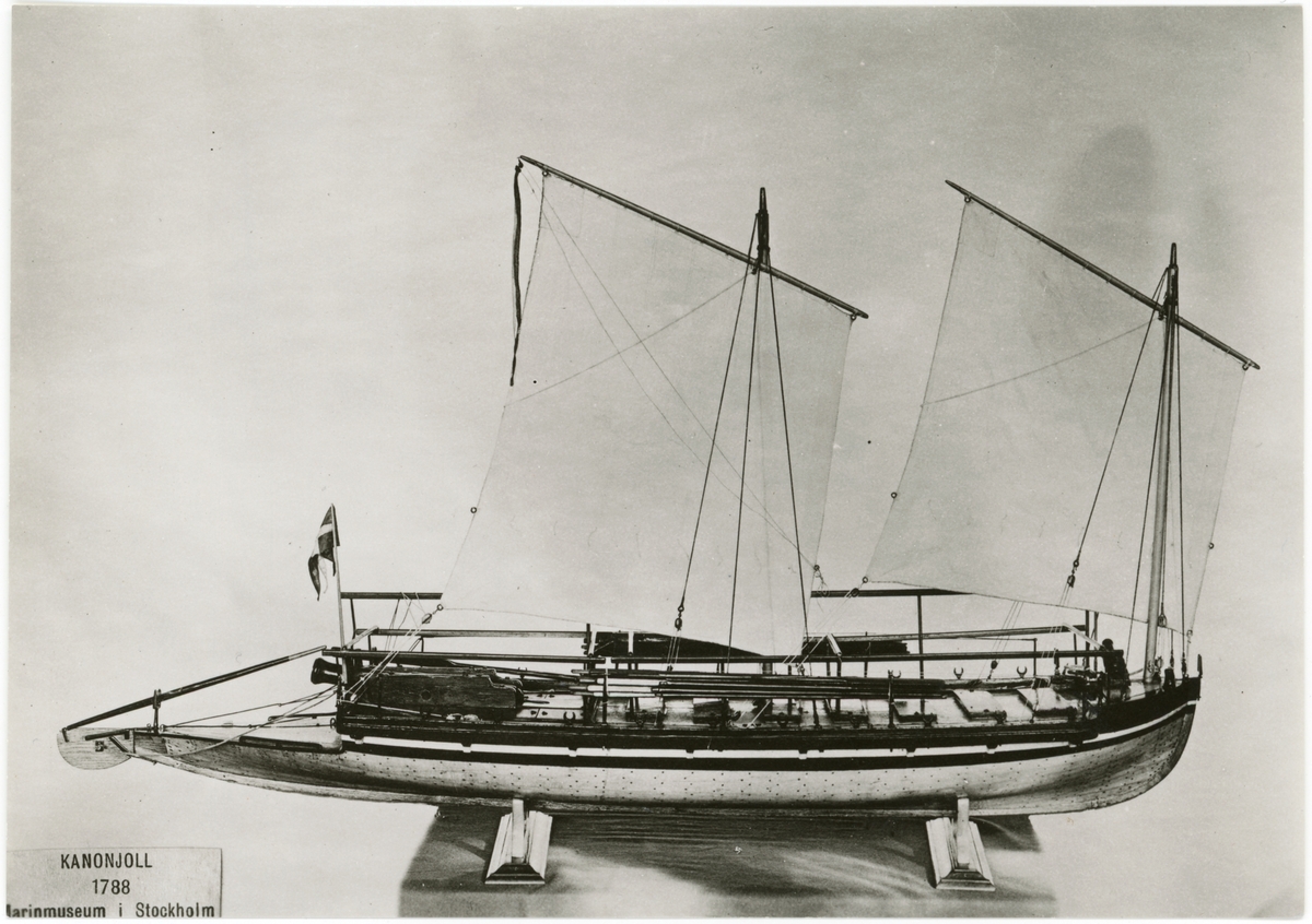 Bilden visar en modell av en kanonjolle som befinner sig i Sjöhistorisk Museum Stockholm. Båten är riggad med två loggertsegel. På däck ligger årorna och på akter står kanonen.