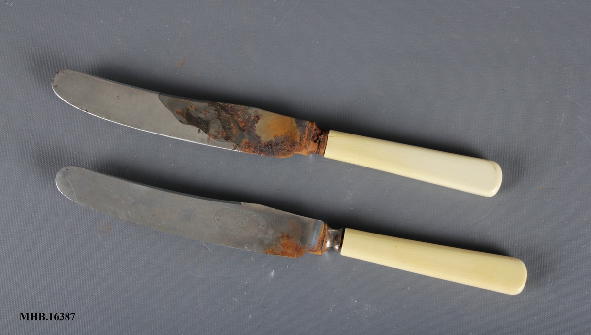 2 Bordkniver med avrundet blad og hvitt skaft.