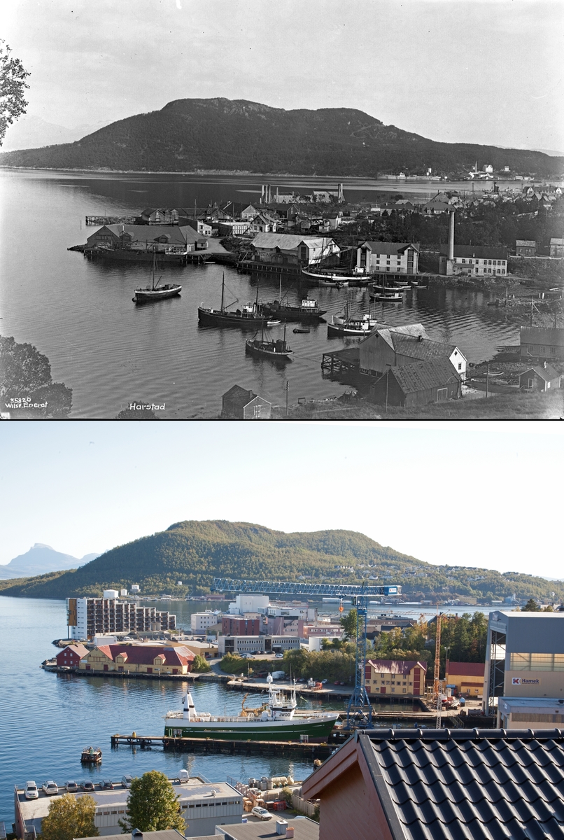 Refotografering.  Havnen i Harstad, Troms, den delen som heter Samasjøen. Fotografert 1930 og 2010. Havnen er bygget ut med både industribygg og boligblokker, og motorbåter har erstattet seilbåter. Åssiden i bakgrunnen har fått boligblokker ved sjøen.