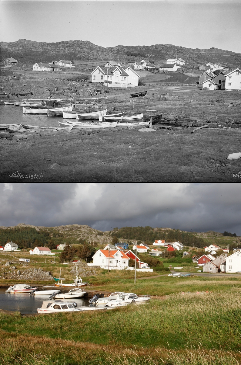 Refotografering. Jøllestø ved Lista, Farsund, Vest-Agder. Fotografert 1933 og 2015. Husene er de samme, mens robåtene er byttet ut med motorbåter.