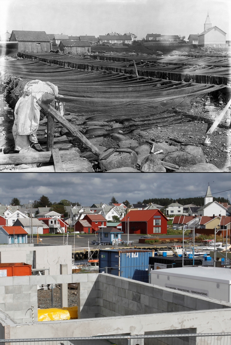 Refotografering. Havneområde i Borhaug, Lista med tørking av garn i fjæra i 1912 og tettbebyggelse i 2015.