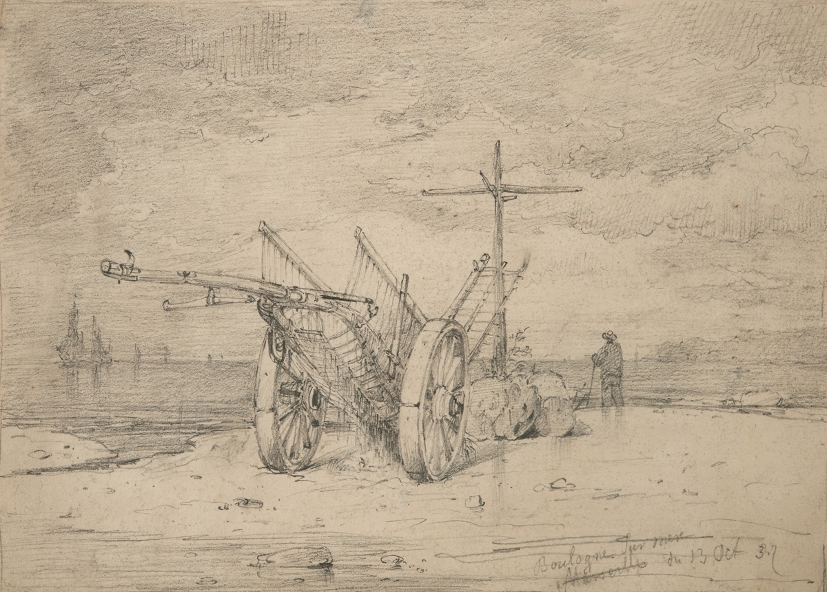 Strandmotiv med tvåhjulig vagn i förgrunden, samt en man stående vid ett stenröse med rest märke. I bakgrunden hav med segelfartyg.