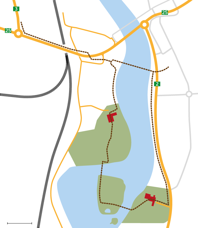 Kart som viser museumsrunden som går gjennom Glomdalsmuseet og Skogmuseet.