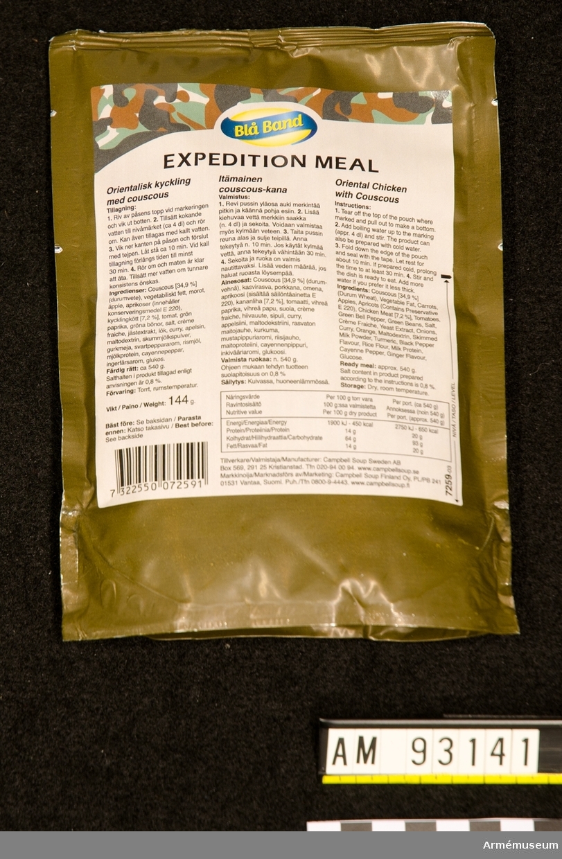 Förpackning med sk Expedition Meal. Orientalisk kyckling med couscous.
