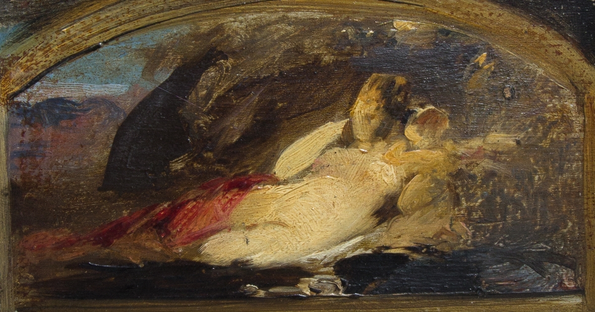 Venus och amorin, skiss, med liggande kvinnofigurer åt höger naken med en röd slöja över benen. Vid hennes vänstra axel en amorin.
