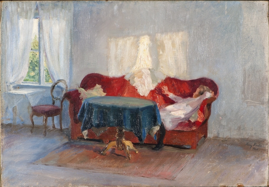 En påklistrad lapp på målningens baksida ger titeln: Solsken. En flicka ligger i röd soffa.Hennes utrsträckta hand kastar en skugga mot soffans rygg.Till vänster finns ett fönster med ljusa gardiner.