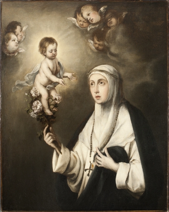 År 1617 dog en 31-årig kvinna, född som Isabel Flores y de Oliva, i sin hemstad Lima i Peru. Hennes liv hade varit uppfyllt av bön, botgöring och hårt arbete bland de fattiga. Som Rosa av Lima blev hon 1671 helgonförklarad av påven. I Sydamerika finns en omfattande kult kring den heliga Rosa. Hon brukar framställas i nunnedräkt och med en rosenkrans eller, som i denna målning, en törnekrona på huvudet. Bilden är en 1600-talskopia av ett försvunnet original av den spanske konstnären Murillo.