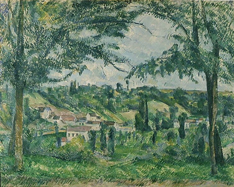 Cézanne hörde till impressionistgruppen och ställde ut på deras första utställning 1874. Hans målningar skilde sig emellertid från gruppens skissartade ögonblicksbilder. Cézanne var mer intresserad av bildens arkitektoniska struktur, och i början av 1900-talet fick hans måleri avgörande betydelse för kubismen. Detta landskap från Oise-dalen norr om Paris är typiskt för Cézannes sätt att komponera landskapsmotiv. Utsikten mot dalgången ramas in av en kuliss av trädstammar och lövverk.