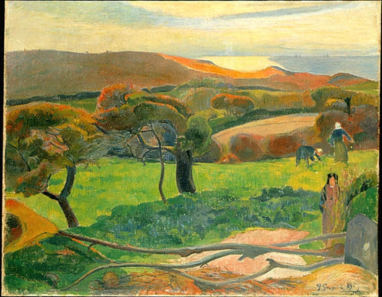 "Landskap från Bretagne" målades sannolikt under sommaren 1889. Gauguin vistades då för andra gången i Bretagne, dit han sökt sig för kunna leva billigt och för att få ro att arbeta. Han arbetade tillsammans med målaren Émile Bernard. Under inflytande från Bernards måleri och idéer om en dekorativt orienterad konst utvecklade Gauguin sitt typiska formspråk där markerade konturer och hela färgfält i samma färgton är framträdande drag. Stilen kom att kallas syntetism - det handlade om att göra en syntes, en slags sammanfattning av motivet.        Gauguin var fascinerad av landskapet och livet i Bretagne. Han uppskattade de traditionella dräkterna och befolkningens djupa religiositet. För Gauguin framstod människorna i Bretagne som enkla och opåverkade av den moderna civilisationen. Till vännen Vincent van Gogh skrev han att bönderna i Bretagne gav intryck av att fortfarande leva på medeltiden.        "Landskap från Bretagne" föreställer ett kustlandskap sent på dagen. Den lågt stående solen reflekteras i havet i bakgrunden. Målningen är uppbyggd av böljande bågformer och linjer - i trädens stammar och kronor, i de liggande stammarna i förgrunden, i strandlinjen och i molnslöjorna på himlen. Gauguin har över stora områden på duken arbetat med korta vertikala penseldrag som betonar att bildens ytmässighet. Han har med andra ord inte strävat efter att skapa en illusion av djup i bilden.        Målningen föreställer sannolikt höjderna väster om Le Pouldu, men är säkert utförd i ateljé och inte på plats inför motivet. Till skillnad från impressionisterna hävdade syntetisterna att ett motiv skulle bearbetas och filtreras av minnet innan det utfördes i en målning.         Få enskilda konstverk har tillmätts en större betydelse för den svenska konsthistorien än Gauguins "Landskap från Bretagne". Orsaken är att målningen tillhörde målaren Richard Bergh, som köpt den i Köpenhamn av Gauguins danska hustru Mette på hösten 1892. Bergh var en central gestalt i svenskt konstliv under åren kring sekelskiftet 1900, och många konstnärer hade möjlighet att se Gauguins landskap i Berghs hem. Gauguins måleri i allmänhet och "Landskap från Bretagne" i synnerhet har uppfattats som avgörande impulsgivare för det svenska 1890-talets dekorativt orienterade nationella landskapsmåleri och särskilt för Karl Nordströms konst. Då Richard Bergh undervisade vid Konstnärsförbundets skola lät han dessutom målningen hänga i lokalerna för att vara tillgänglig för studium.         I och med att Richard Bergh 1915 tillträdde som överintendent för Nationalmuseum deponerade han målningen i museet. Efter Berghs död beslutade Nationalmusei Vänner att målningen skulle inlösas av museet för 10 000 kronor. En medlem av föreningen, direktör Hjalmar Granhult, agerade emellertid på egen hand och täckte kostnaden samt överlämnade målningen som gåva till museet den 20 juni 1919.
