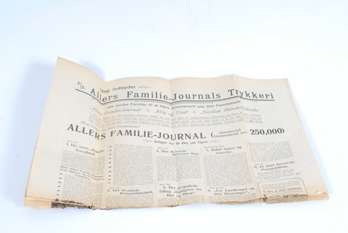 Form: Rektangulær (kun fire sider, hvorav forside og to sider om den japansk-russiske krigen, og bakside med annonse for Allers Familie-Journals Trykkeri)

