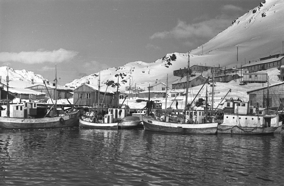 Gjenreisning. Brakkebebyggelse i Honningsvåg. Fiskebåter i indre havn. Vinter 1946.