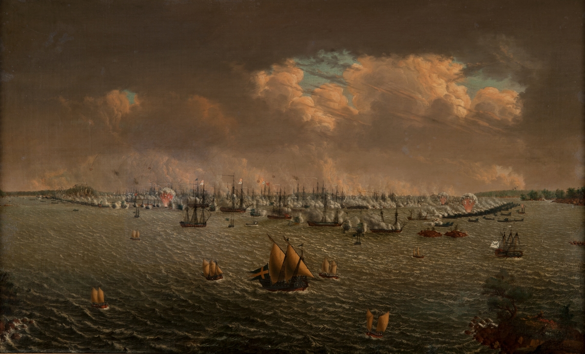 "Bataillen vid Svensksund den 9 och 10 juli 1790, då Svenska Skärgårdsflottan under Konungens eget befäl eröfrade 55 ryska fartyg."