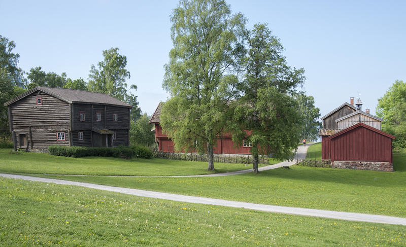 Hedmarkstunet består av en grå tømmerbygningn i to etasjer til venstre i bildet, midt på ser vi to bjørker og til høyre en rød, plankebeslått bygning. (Foto/Photo)