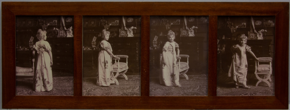 Greta Kronberg utklädd i empireliknande klänning och stående i Kronbergs ateljé, fyra fotografier något olika.
