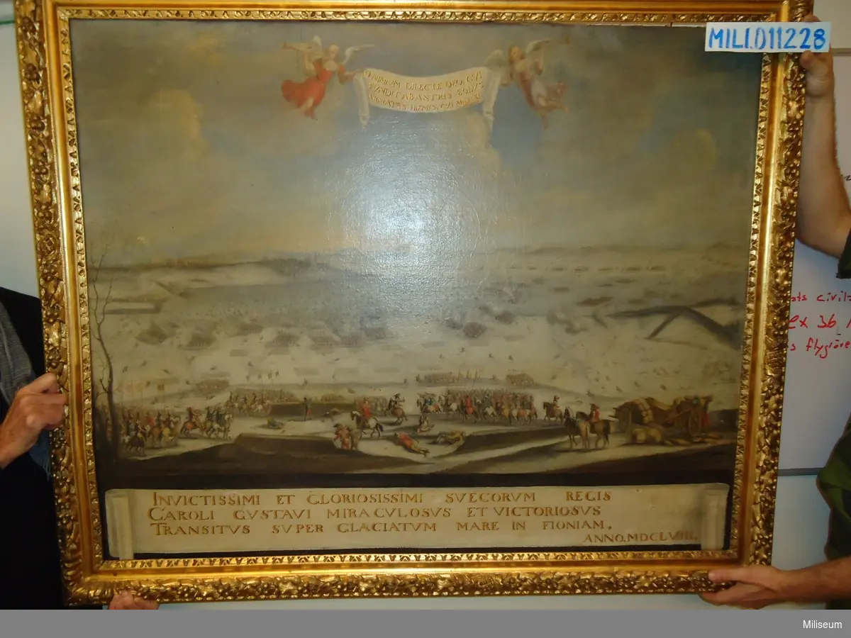 Oljemålning på duk i förgylld träram, troligen av J Ph Lemke. Tåget över Bält 1658.