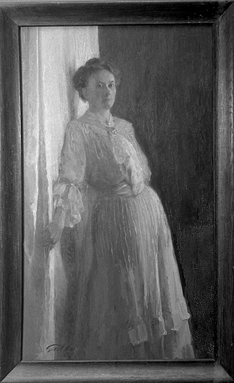Foto av en tavla med en kvinna i lång, ljus klänning.

Simon Gate (1883-1945), konstnär, glasdesigner. 
SM utställning, Simon Gate.