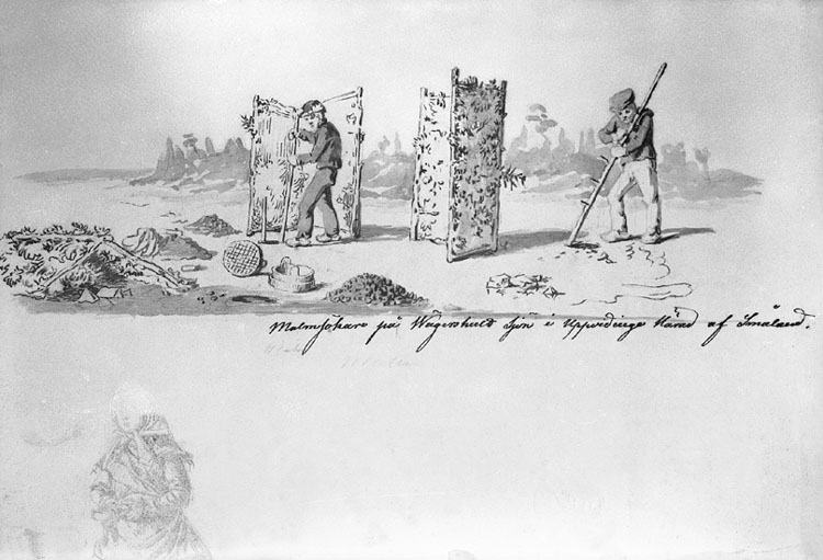 Tuschteckning av Kilian Zoll, några män som letar malm på sjöis.
Längst ner står en text:" Malmsökare på Wägershultsjön i Uppvidinge Härad af Småland".