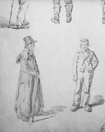 Skissartade teckning av Kilian Zoll, en äldre man med hatt, iklädd långrock och en käpp, och en ung man med skärmmössa, iklädd jacka, byxa.