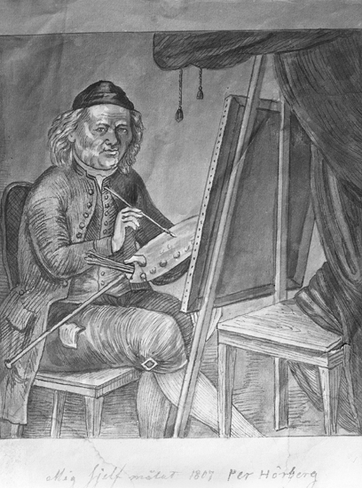 En teckning.
Konstnären Pehr Hörberg med palett, pensel m.m.