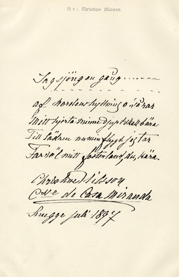 Ett blad med egenhändig text av Christina Nilsson, skrivet på Snugge i juli 1897.