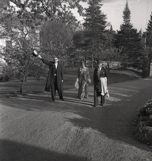 Doktorinnan Tegner, 19/5 1945. 
Bröllopsgäster på väg uppför en bred trädgårdsgång. I bakgrunden skymtar ett bostadshus.
