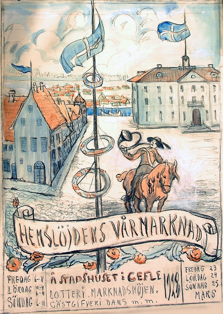 Akvarell av Ida von Schultzenheim. Hemslöjdens vårmarknad 1928.