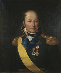 Portrett av Diderik Hegermann. Mørk uniform. Gult ordensbånd og to ordener, Dannebrog og Serafimerordenen.